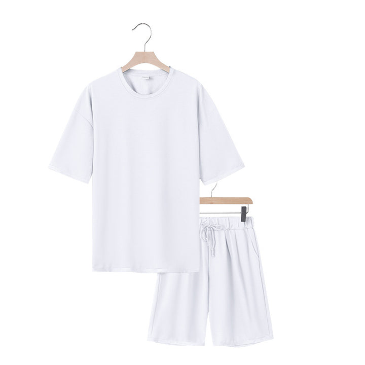 Men's relaxed jersey set with extended round neck t-shirt and elastic drawstring shorts StylebySassy
