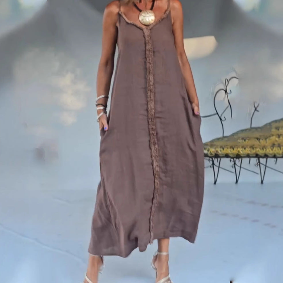 Women's airy linen-look maxi strap dress with fringed center seam and inset pockets StylebySassy