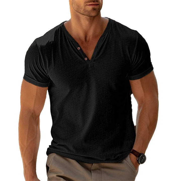 Men's fitted Henley T-shirt with V-neck, short button placket and roll-up sleeves StylebySassy