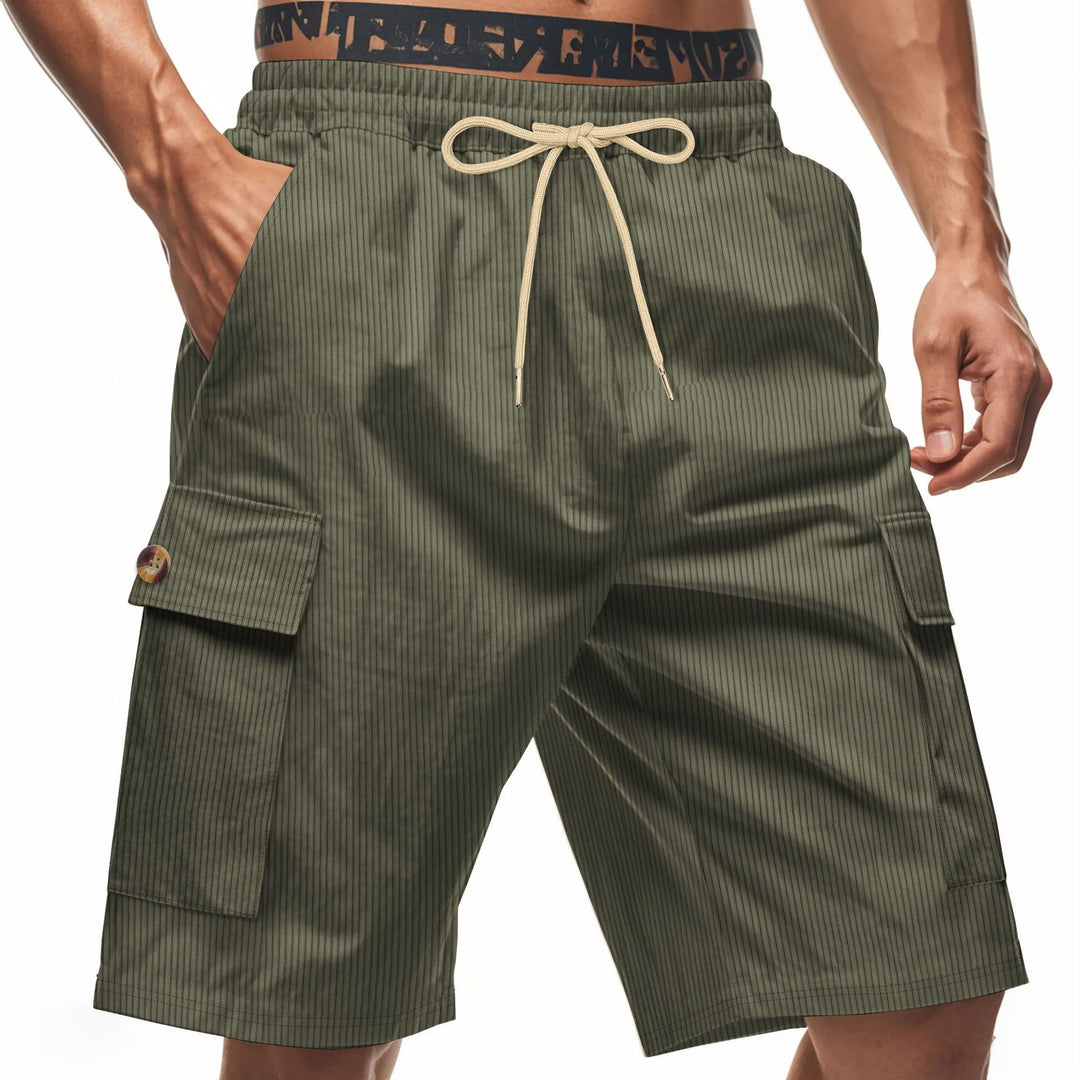 Men's casual utility bermuda with fine ribbed texture, elastic drawstring, and flap pockets StylebySassy