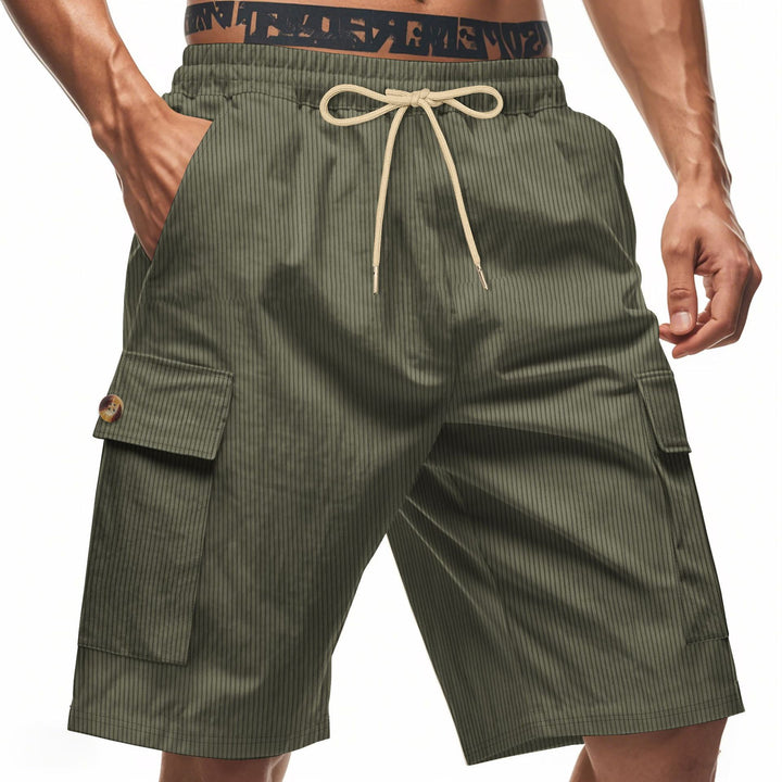 Men's casual utility bermuda with fine ribbed texture, elastic drawstring, and flap pockets StylebySassy