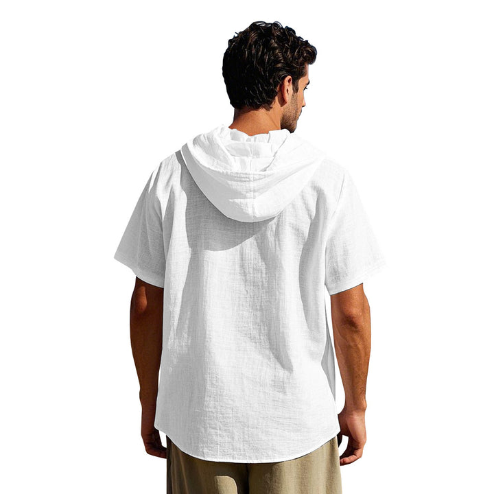 Men's short-sleeve hooded shirt with natural fiber texture, button-up front, and drawstring StylebySassy