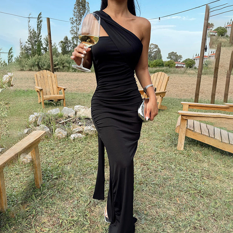 Ladies Elegant Evening Dress with Asymmetrical Cut and Shimmering Fabric StylebySassy