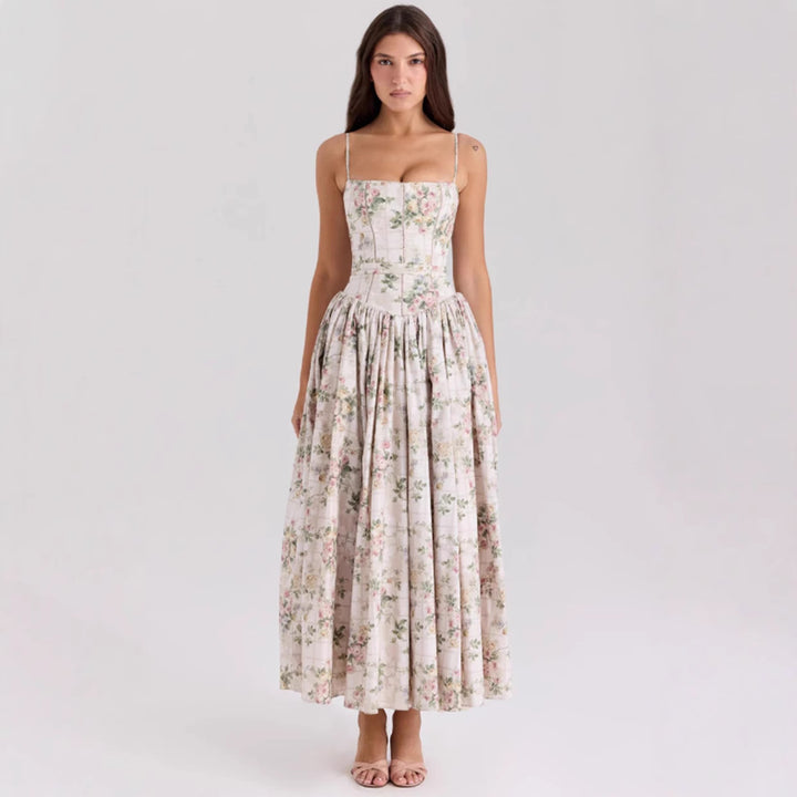 Women's tailored corset dress with spaghetti straps and voluminous circle skirt StylebySassy