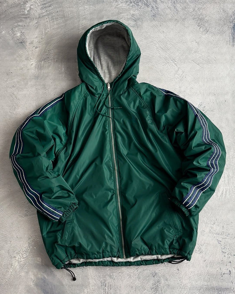 Unisex non-fitted windbreaker with hood padded fleece lining drawstring hem and decorative stripes on sleeves StylebySassy