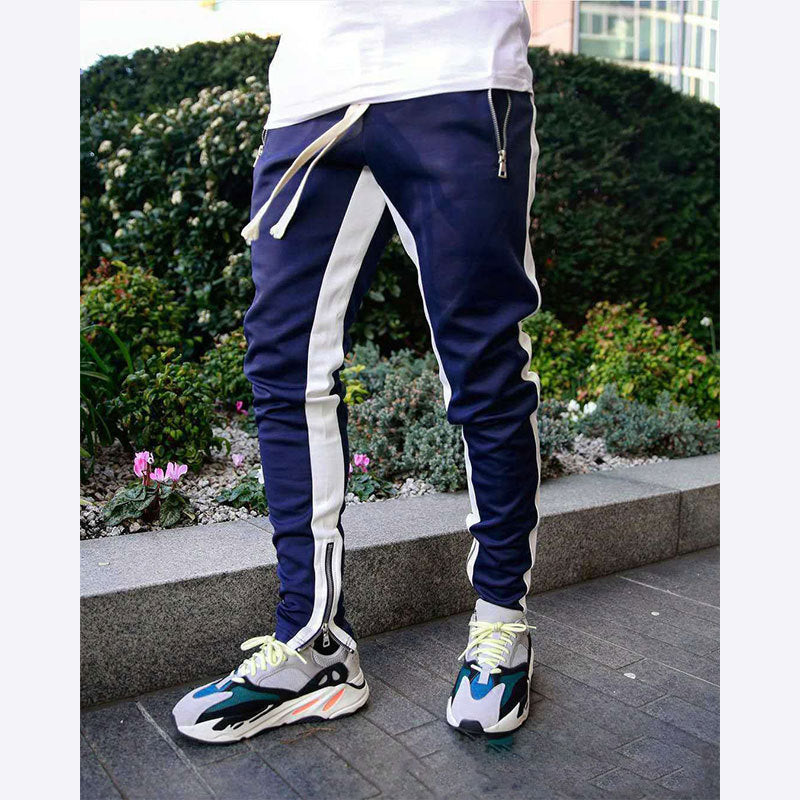 Men's narrow jogging pants with side contrast stripe, drawstring and ankle zipper StylebySassy