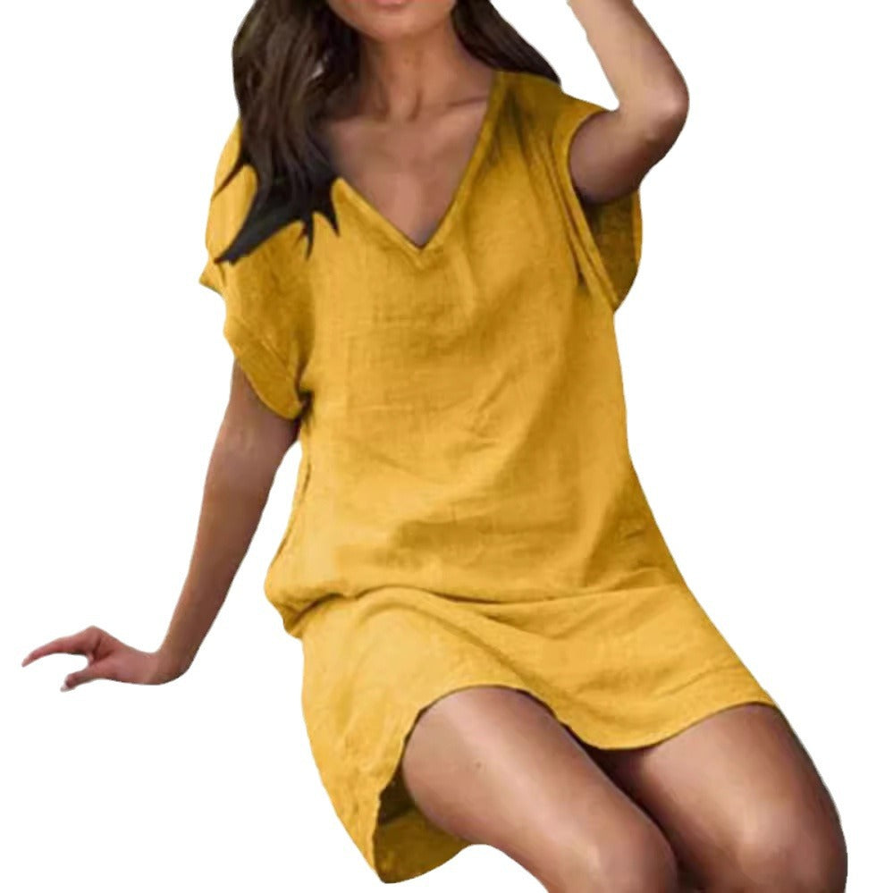 Women's airy mini dress in linen look with V-neck and dropped shoulders StylebySassy