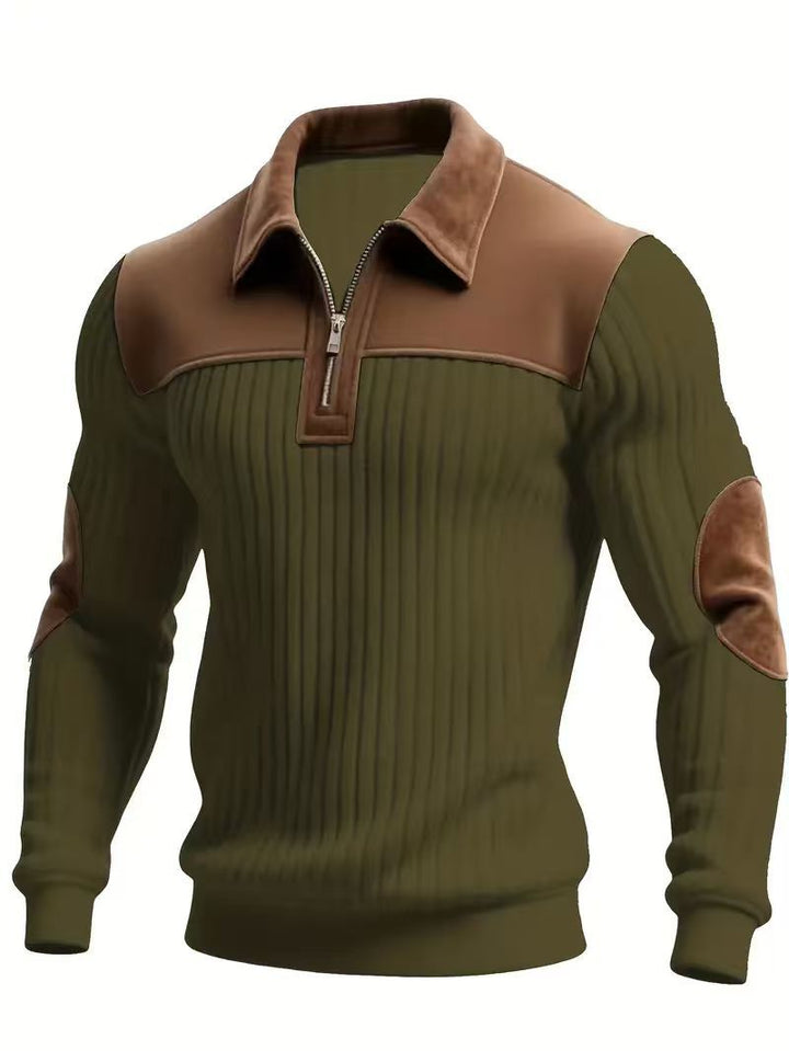Men's ribbed half-zip pullover with contrasting leather appliqués on shoulders and elbows StylebySassy