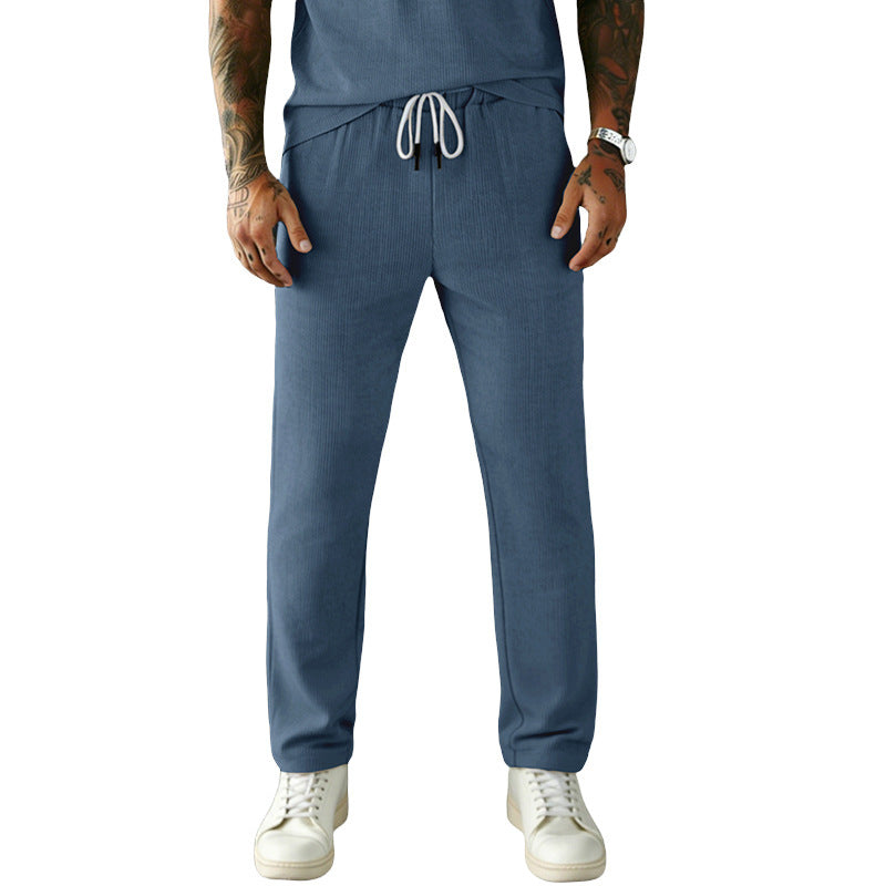 Men's narrow-cut comfort pants with elastic waistband, drawstring, and fine ribbed structure StylebySassy