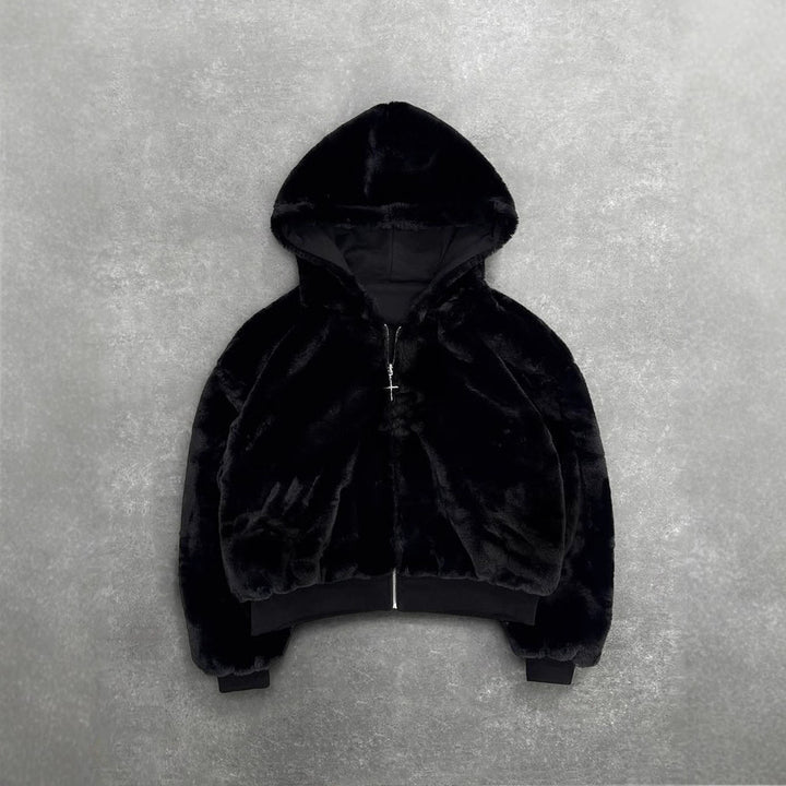 Unisex padded hooded jacket short cut with cross zipper StylebySassy