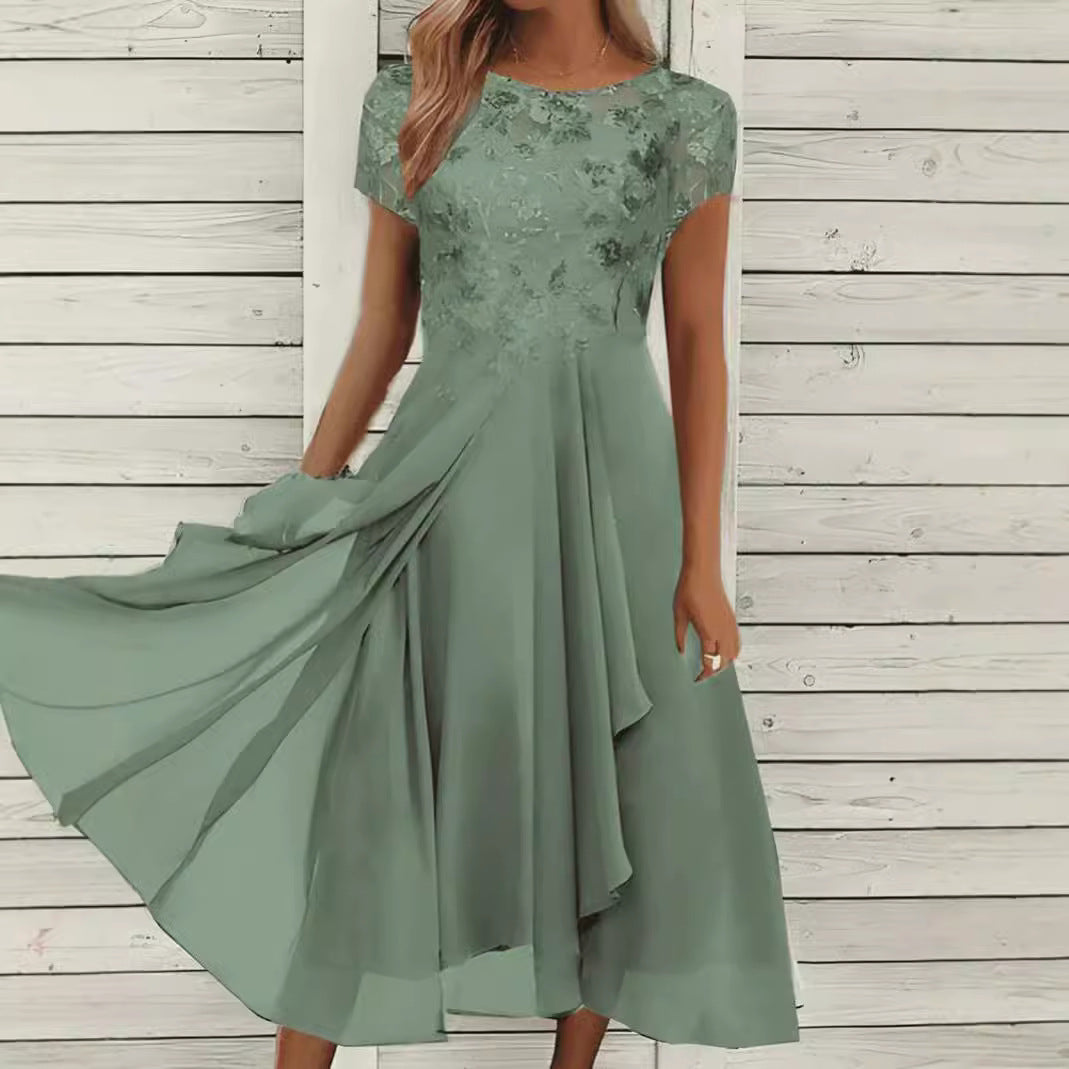 Women's flowing chiffon mid dress with floral embroidered top and asymmetrical tiered skirt StylebySassy