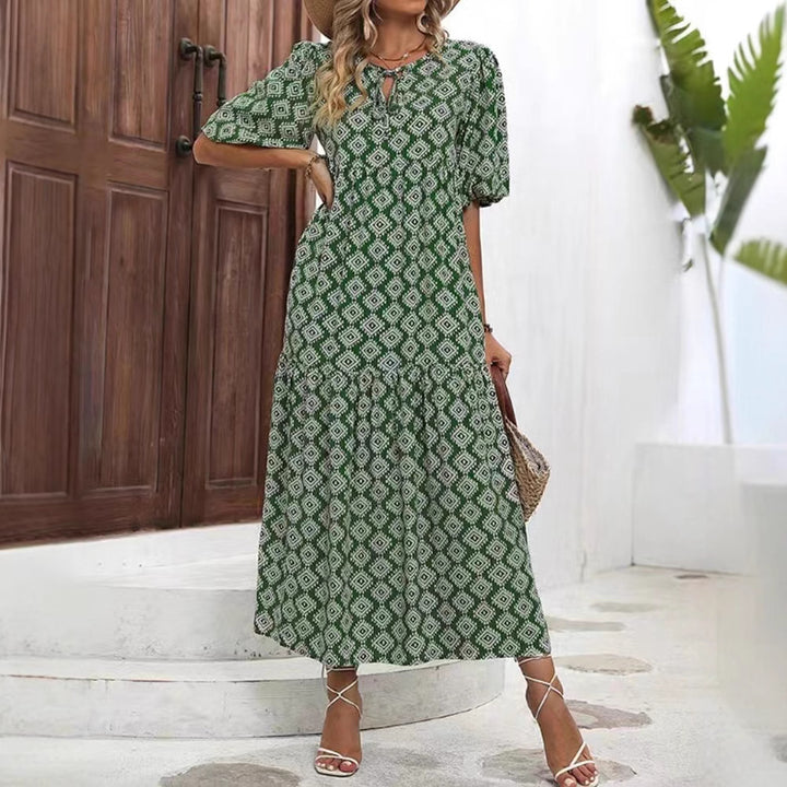 Women’s airy maxi dress with geometric ethnic print, gathered tiered skirt and keyhole neckline StylebySassy