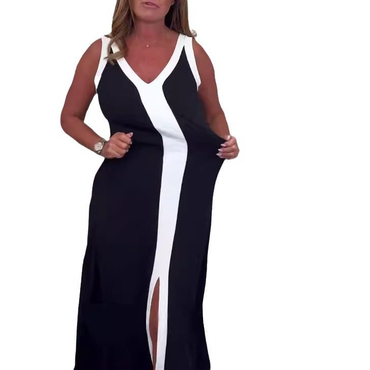 Women's tailored V-neck train dress with contrasting center yoke and central front slit StylebySassy