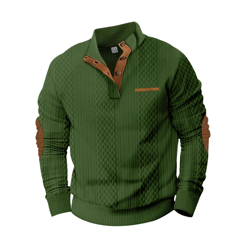 Men's knitted pullover with stand-up collar, button placket and elbow patches StylebySassy