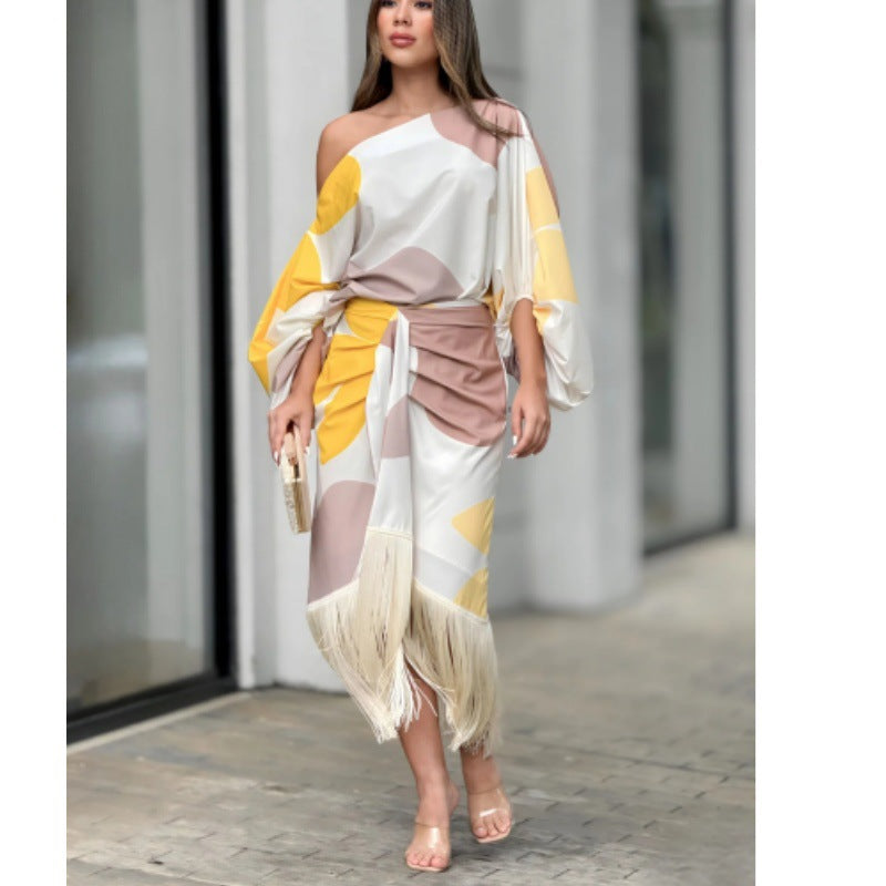 Women's off-the-shoulder draped midi dress with gathered wrap waist and fringe hem StylebySassy