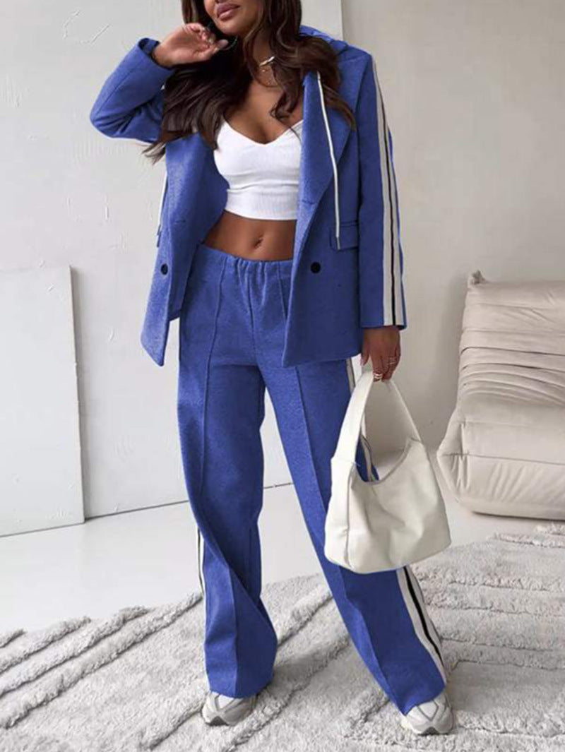 Women's sporty-elegant blazer two-piece with hooded blazer and wide training pants with side stripe StylebySassy