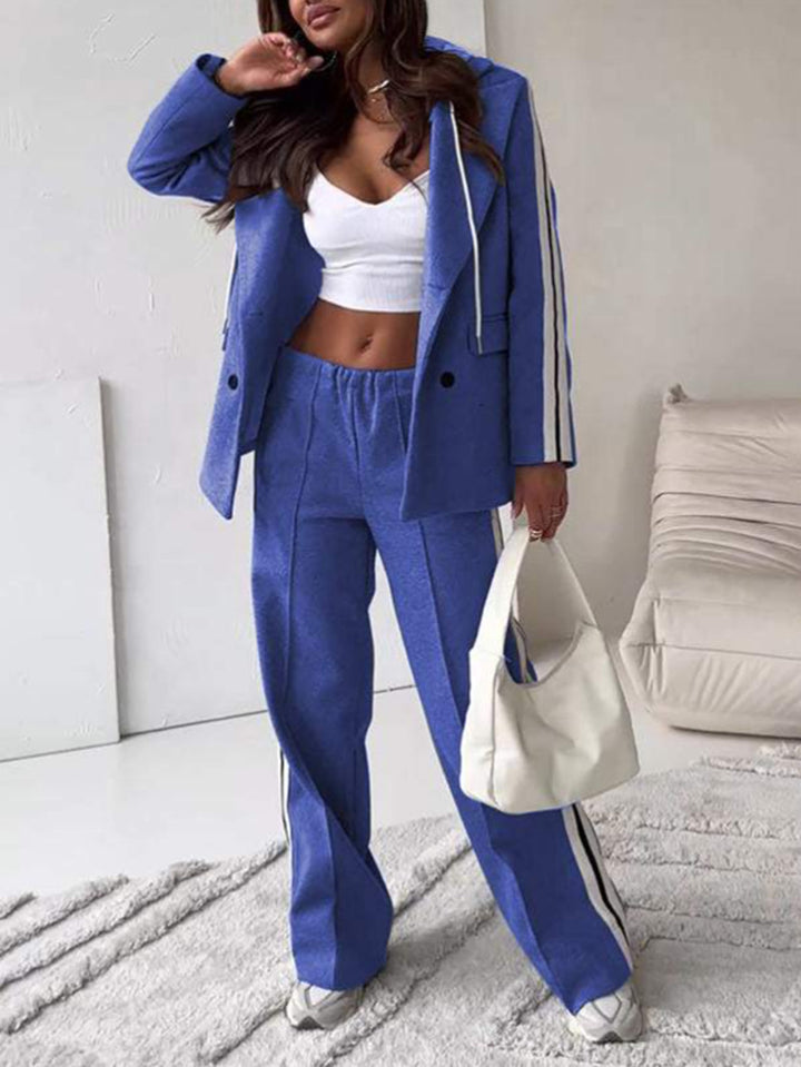 Women's sporty-elegant blazer two-piece with hooded blazer and wide training pants with side stripe StylebySassy