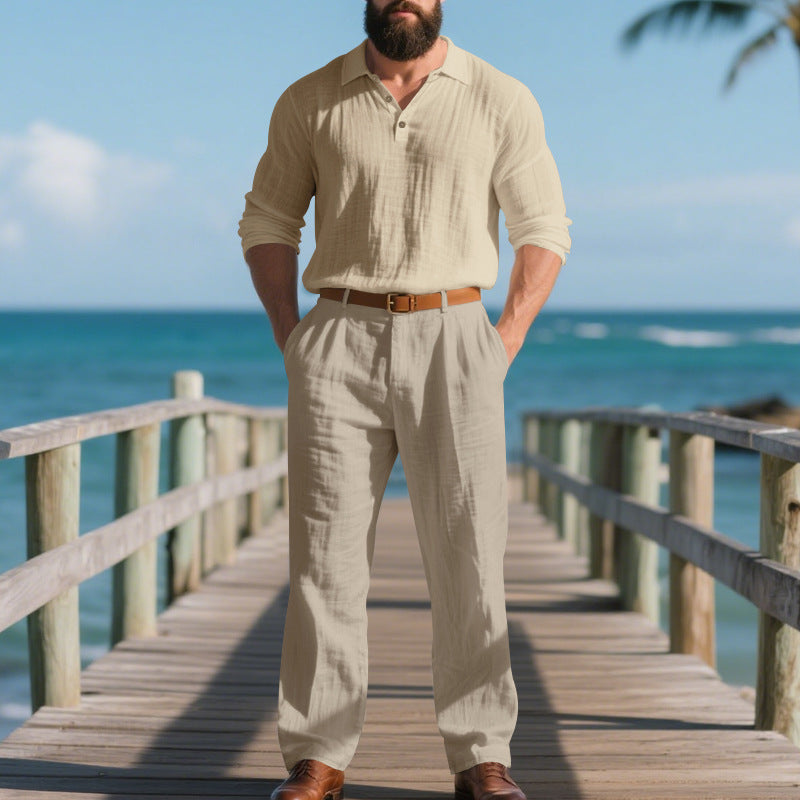 Men's airy linen two-piece set with V-neck shirt and loose pleated trousers StylebySassy