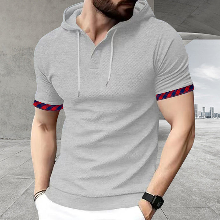 Men's slim fit short sleeve hooded shirt in polo style with Henley neckline and checkered sleeve cuff StylebySassy