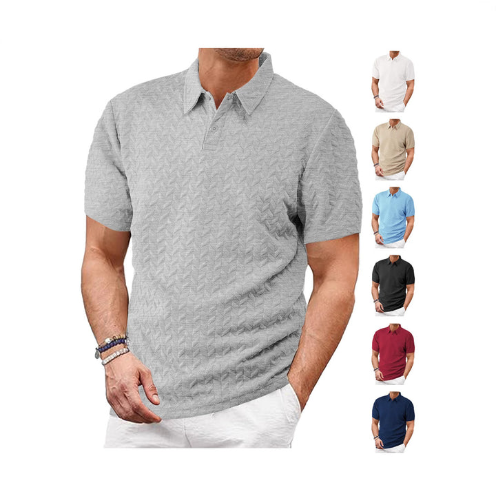 Men's structured short sleeve knit collar shirt with chevron pattern StylebySassy