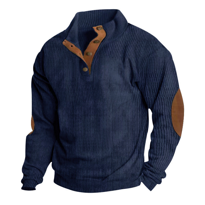 Men's chunky knit sweater with stand-up collar, button placket, and faux leather elbow patches StylebySassy