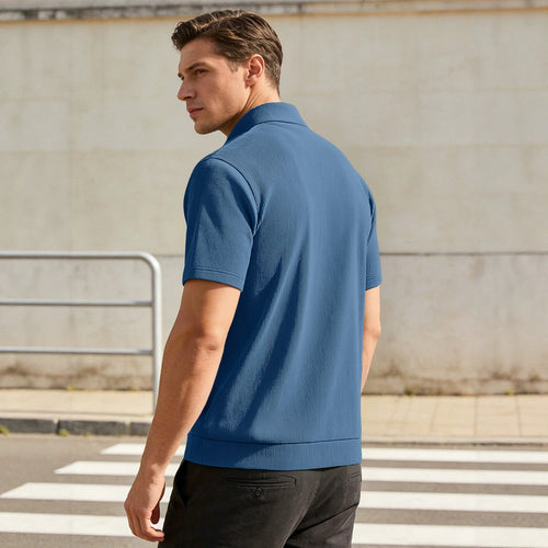 Men's Waffle Structure Short Sleeve Henley with Stand-Up Collar and Decorative Button Placket StylebySassy