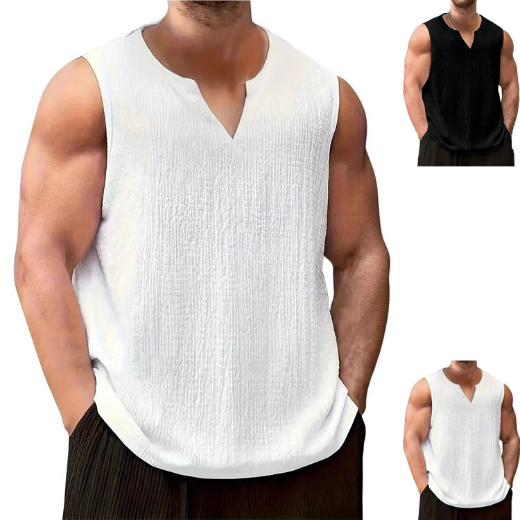 Men's casual crinkle cotton top with notch neckline and rounded hem StylebySassy