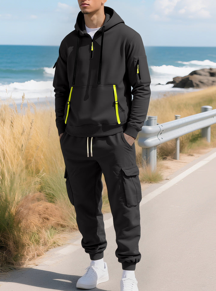 Men's casual half-zip hoodie with kangaroo pocket and cargo jogging pants with zipper details StylebySassy