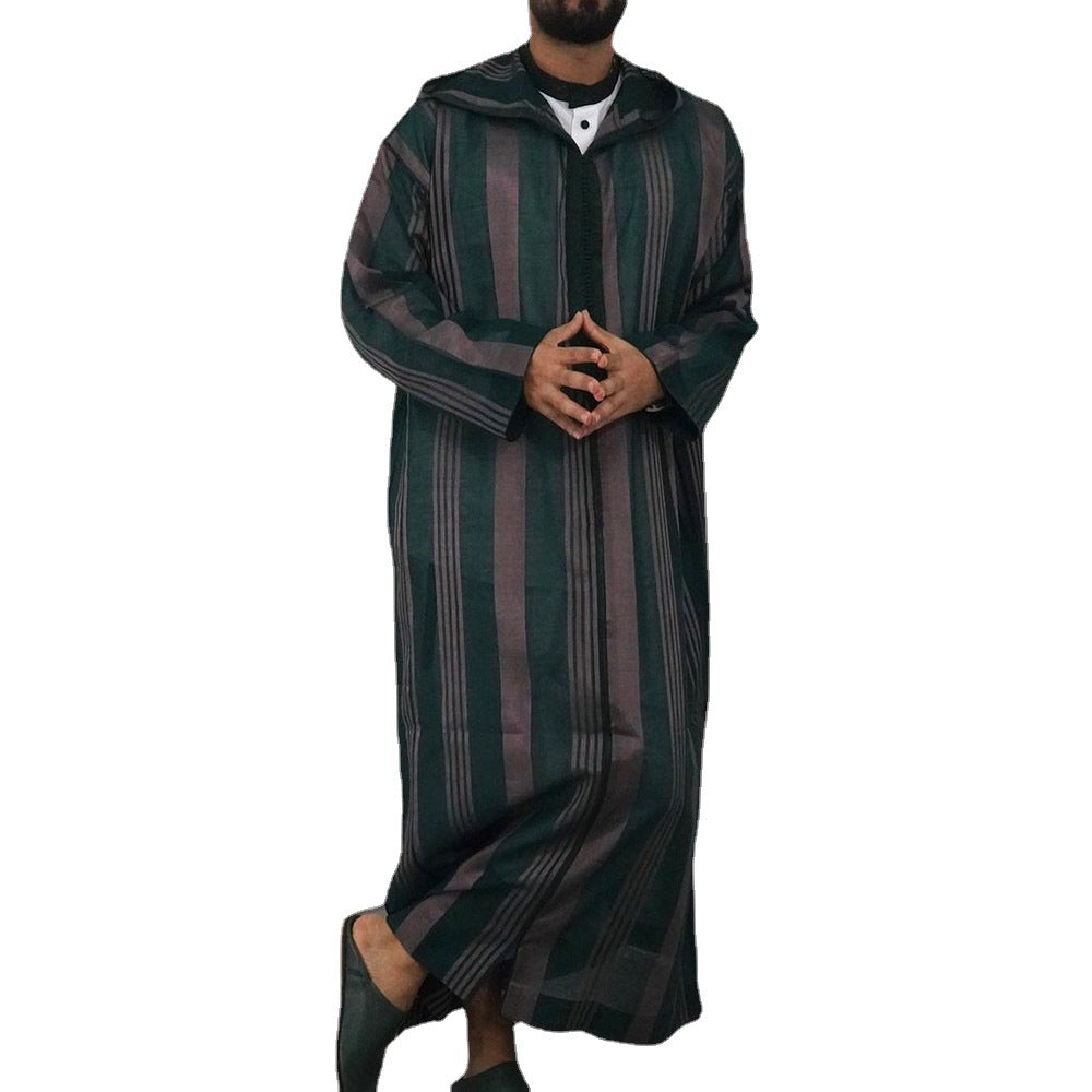 Men's slim hoodie robe with vertical stripe structure zipper and side slits StylebySassy