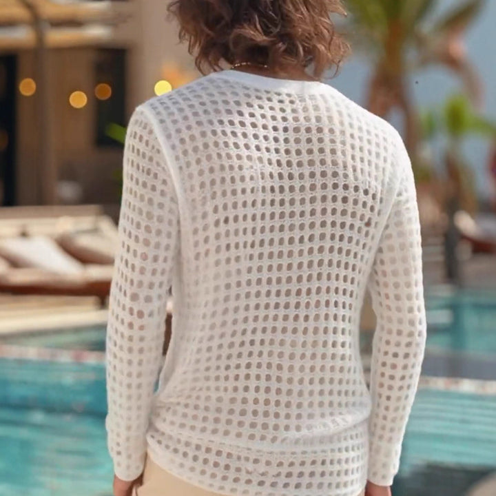 Men's airy openwork knit sweater with square mesh pattern and crew neck StylebySassy