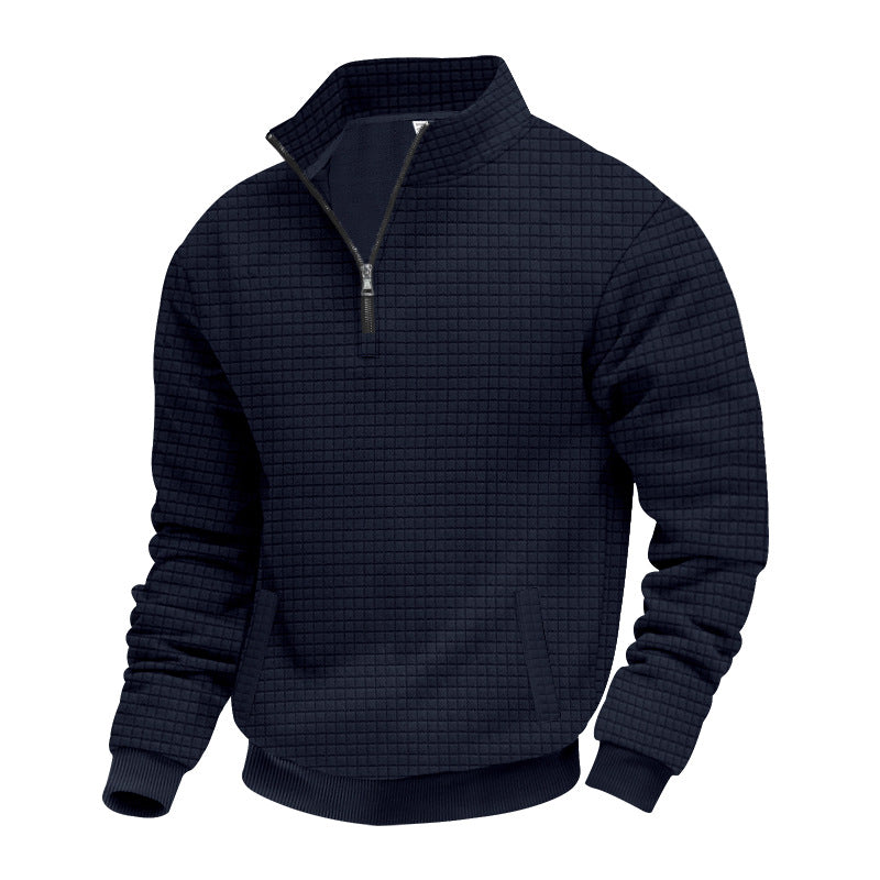 Men's waffle texture half-zip pullover with stand-up collar and subtle side pockets StylebySassy
