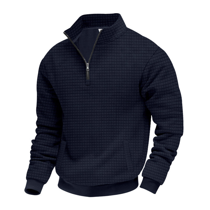 Men's waffle texture half-zip pullover with stand-up collar and subtle side pockets StylebySassy