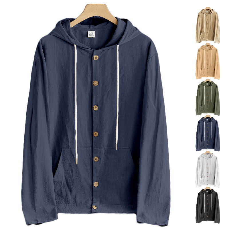 Men's lightweight hoodie jacket with button placket, kangaroo pocket, and drawstring StylebySassy