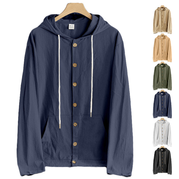 Men's lightweight hoodie jacket with button placket, kangaroo pocket, and drawstring StylebySassy