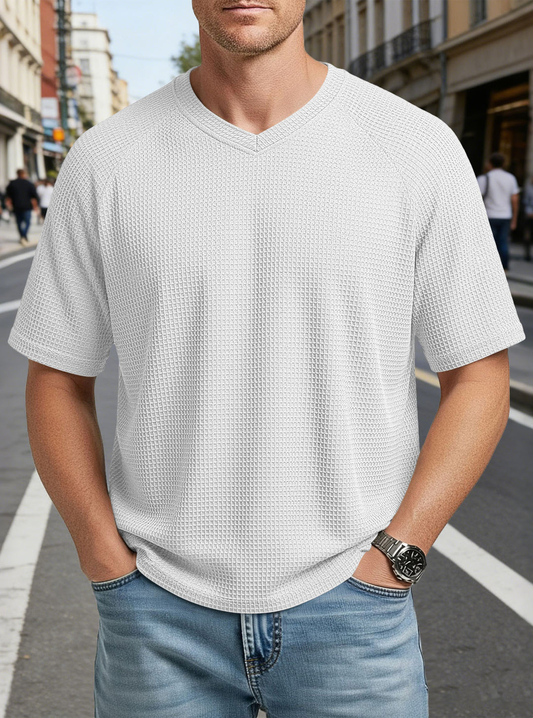 Men's casual V-neck waffle knit T-shirt made of breathable cotton blend StylebySassy