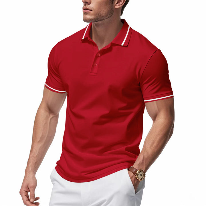 Men's breathable interlock polo shirt with contrast tipping, short button placket and slim silhouette StylebySassy
