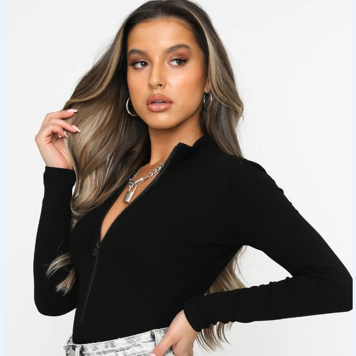 Women Long-sleeved Body with Continuous Zipper StylebySassy