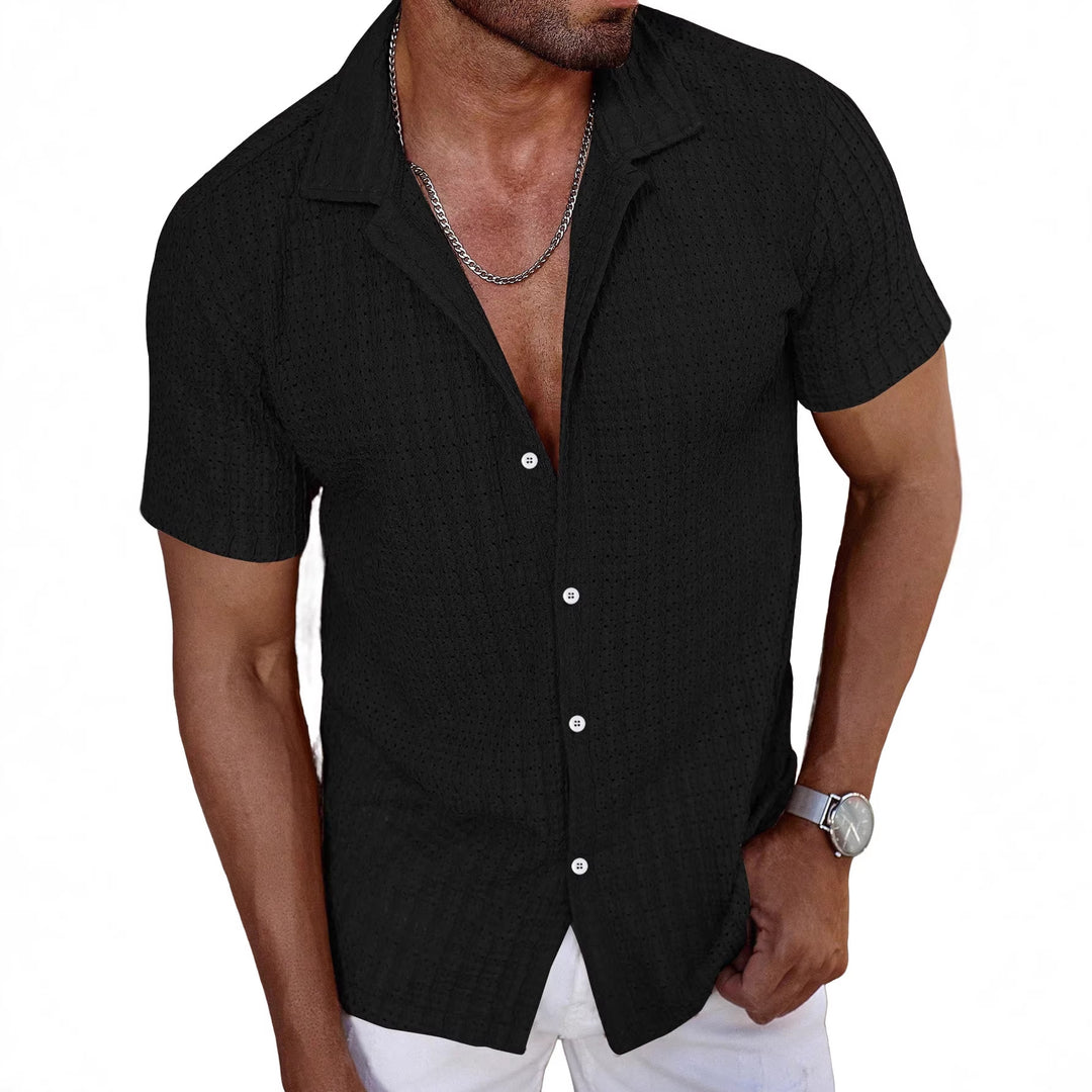 Men's airy short-sleeve ajour shirt with shawl collar and continuous button placket StylebySassy