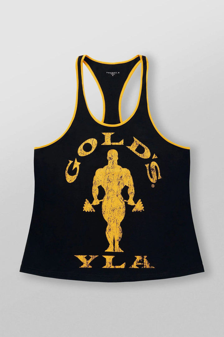 Men's nan athletic Stringer tank top backless cut with contrast piping and strength sports motif StylebySassy