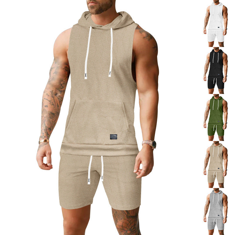 Men's sleeveless hoodie vest set made of textured cotton blend with kangaroo pocket and drawstring shorts StylebySassy