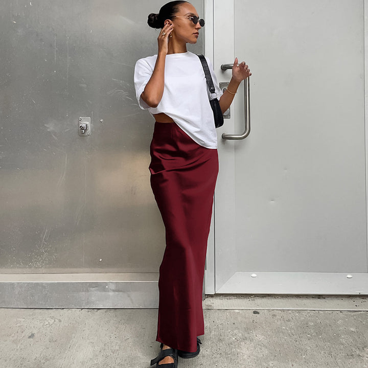 Ladies Long Satin Skirt with High Slit StylebySassy