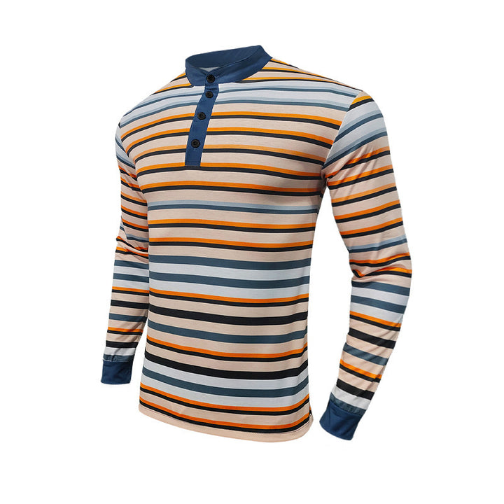 Men's striped long-sleeve Henley shirt with stand-up collar, slim fit and elastic cotton mix StylebySassy