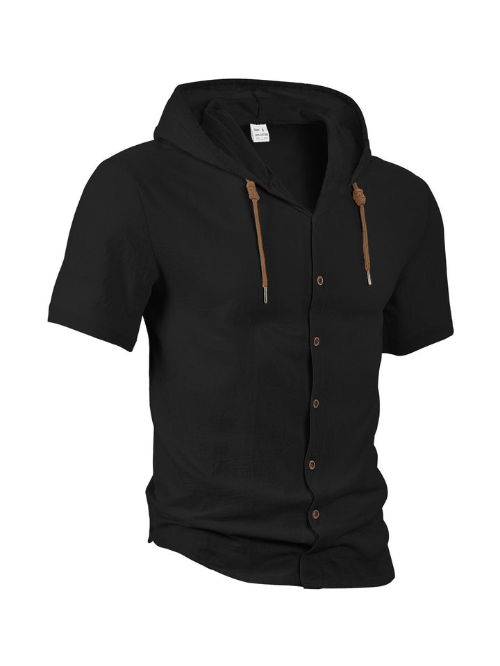 Men's crinkled short-sleeve hooded shirt made of cotton with button placket and drawstring StylebySassy