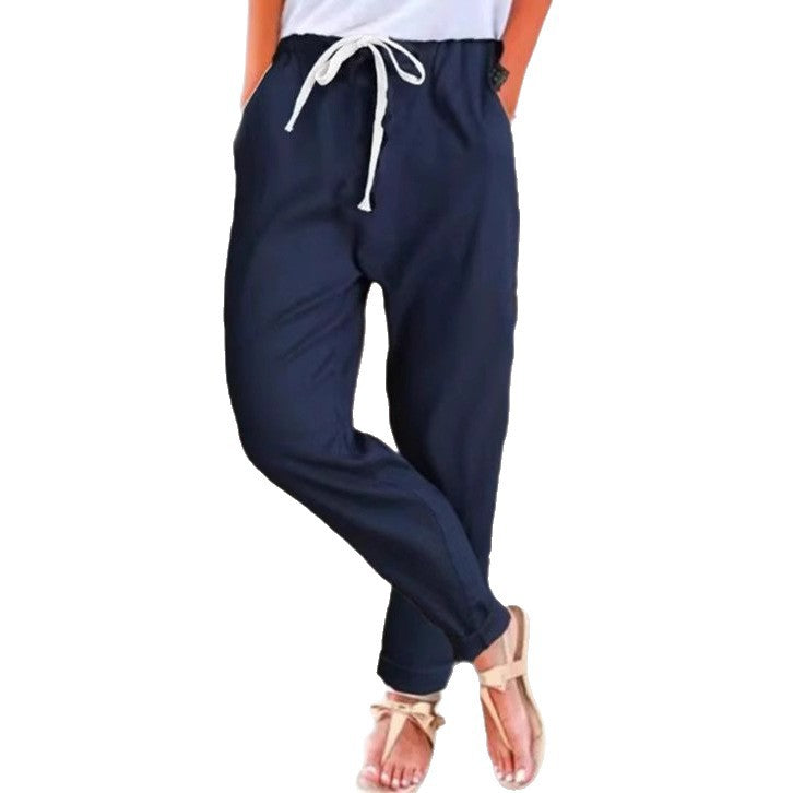 Women's casual relaxed pants with elastic waistband, drawstring, side pockets, and rolled hem StylebySassy