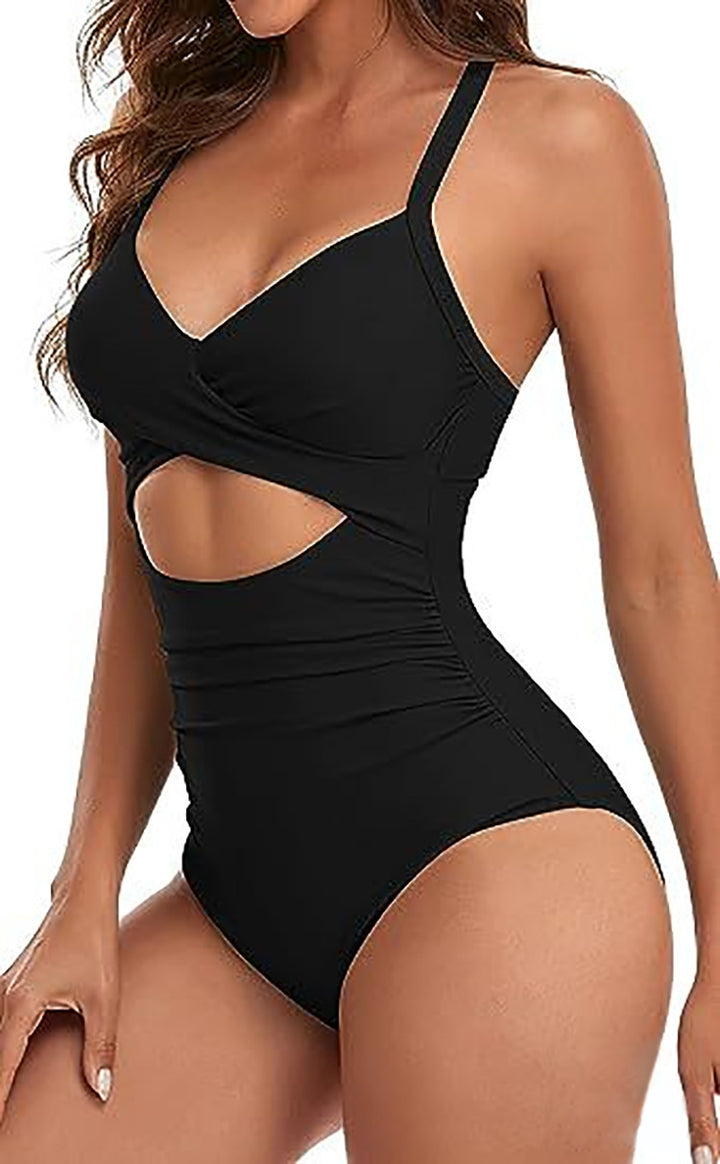 Women's one-piece swimsuit with stylish wrap design and sophisticated cross straps StylebySassy