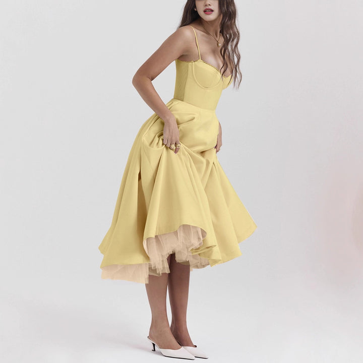Women's tailored retro-inspired midi dress with corset underbust seams, flared skirt, and side pockets StylebySassy