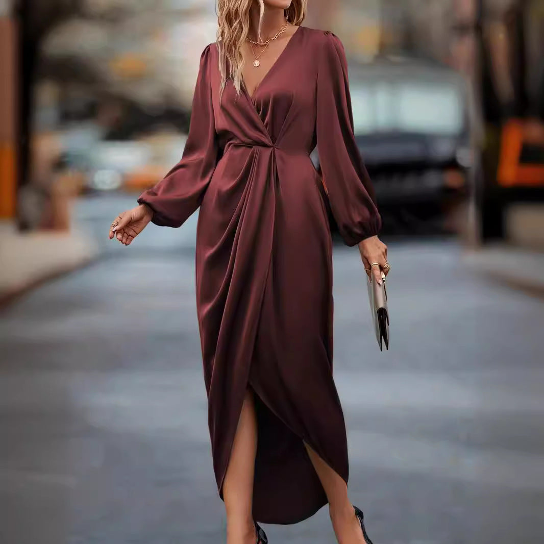 Women's tailored draped midi dress with V-neck, gathering, balloon sleeves, and side wrap slit StylebySassy