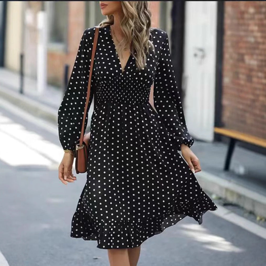 Ladies' dotted A-line midi dress with V-neck, smocked waist and two-tiered ruffle StylebySassy