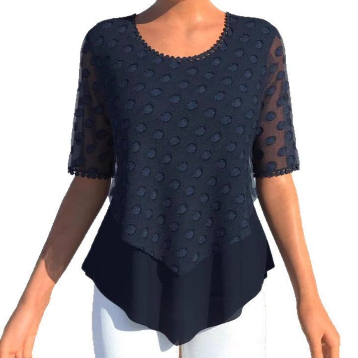 Women's elegant layered blouse with transparent tulle overlay, polka dot structure and asymmetrical pointed hem StylebySassy