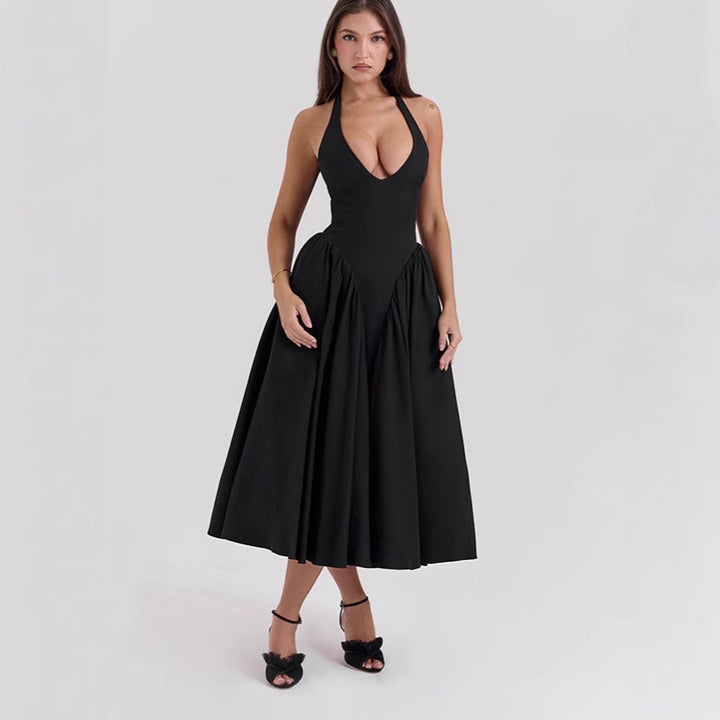 Women's figure-flattering halter bustier midi dress with tailored bodice and wide circle skirt StylebySassy